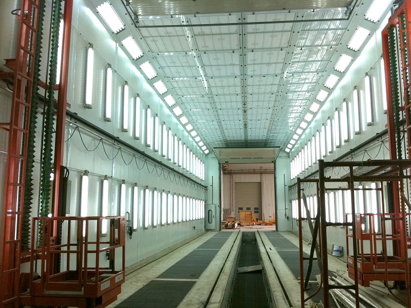 Large industrial paint spray booth for bullet train