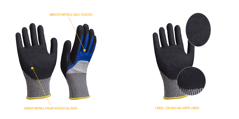 Anti-cut double nitrile gloves | Nitrile half coated gloves | Half coated gloves