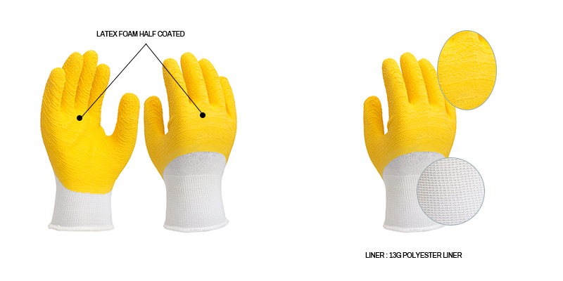 13G latex foam gloves | Latex foam gloves | Half coated gloves