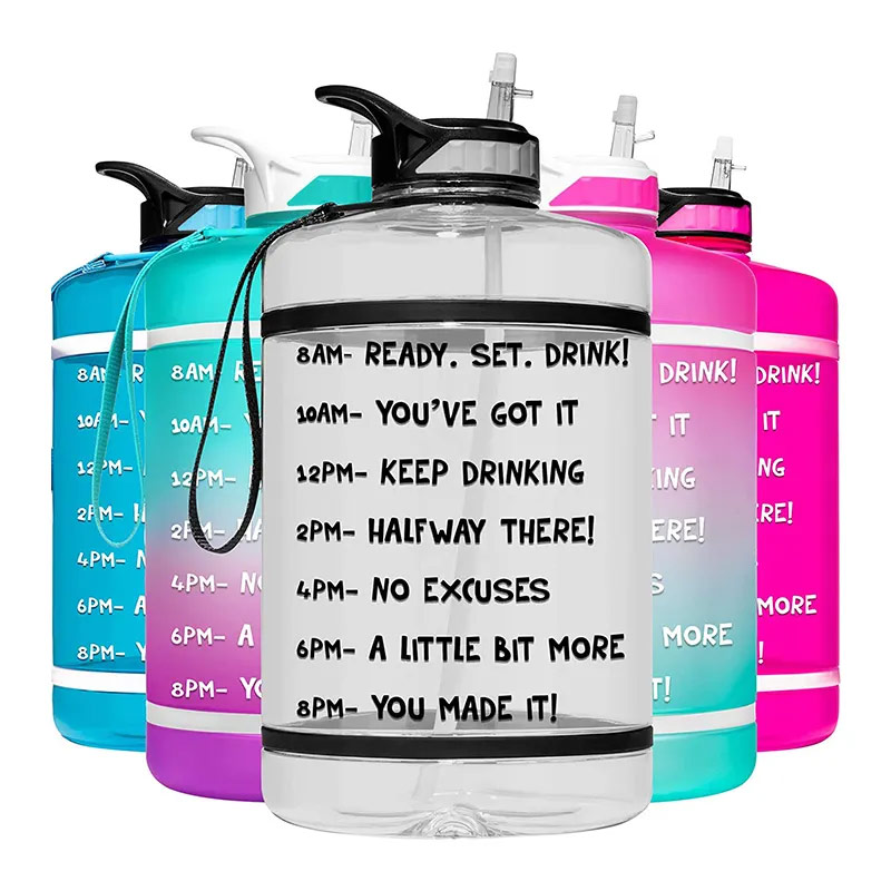 One gallon large capacity drinking portable durable plastic gym sports Time marker fitness bottle P03-0011 glam camp