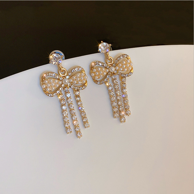 Pearl Bow Rhinestone Diamond Tassel Dangle Earrings