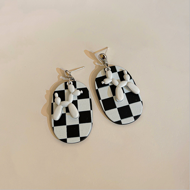 Black White Checkerboard with cute dog earrrings