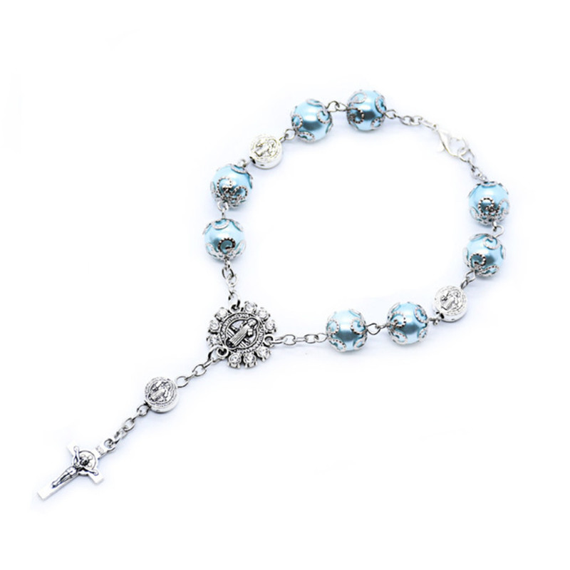 Saint Benedict Catholic Blue Glass Pearl Beads Rosary Bracelets