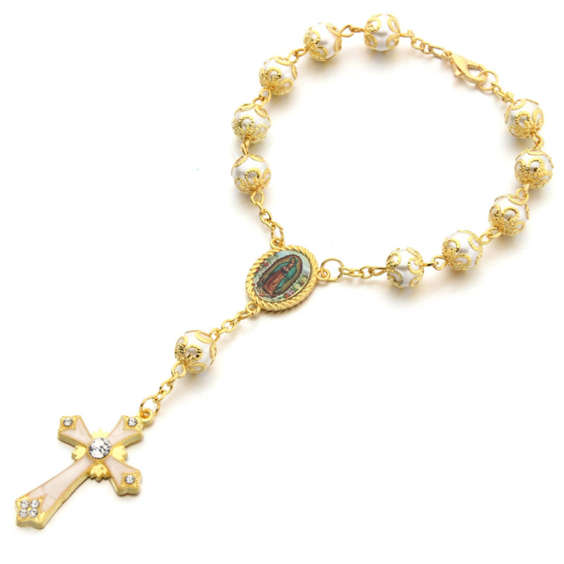 Gold plated White Glass Pearl Beads Rosary Car Bracelet