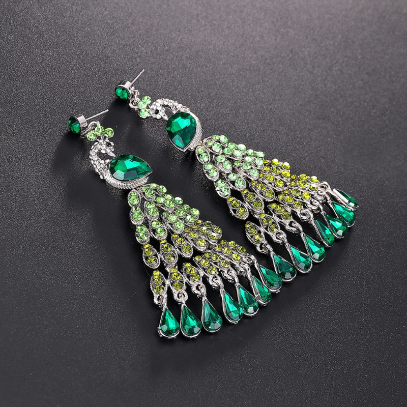 Silver Plated  Peacock Green Rhinestone Dangle Earrings