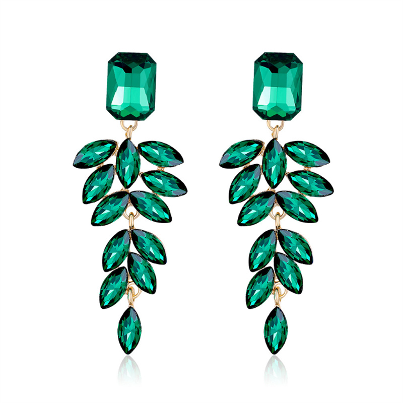 Green Statement Crystal Leaf Earrings