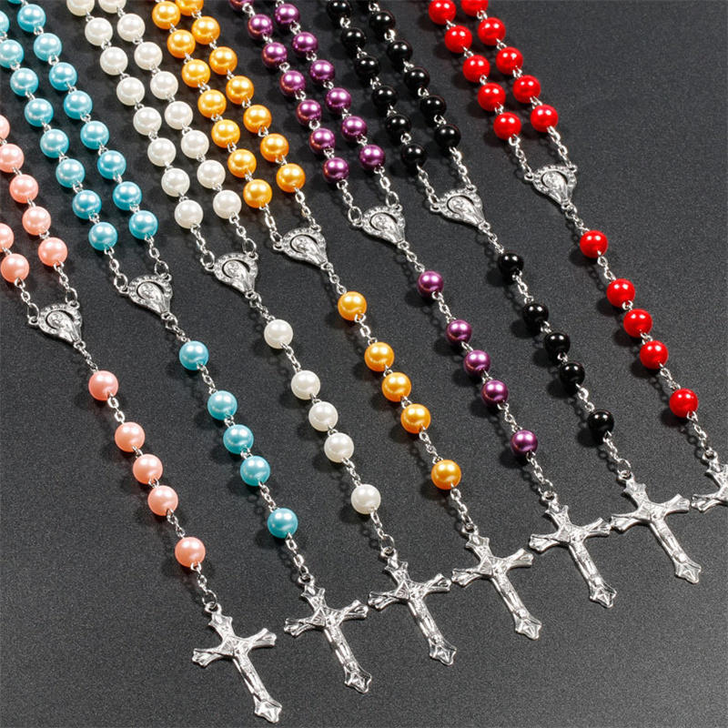 Women's Mutiple Color Glass Pearl Rosary Beads Necklace