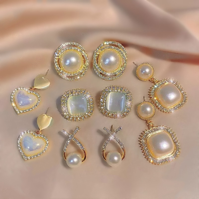 Opal Rhinestone Pearl Earrings Round/Square/Cross/Heart Stud Earrings for Women Girls