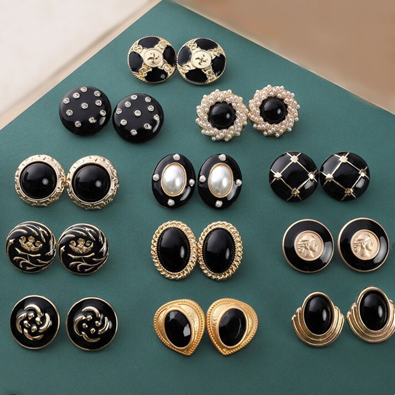 Gold Plated Black Enamel Dainty Pearl Rhinestone Metal Stud Earrings for Women