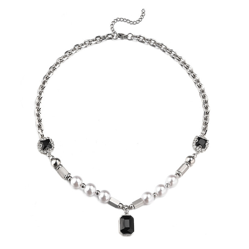 Titanium Steel Pearl Black Gem Pendant Necklace for Men Women