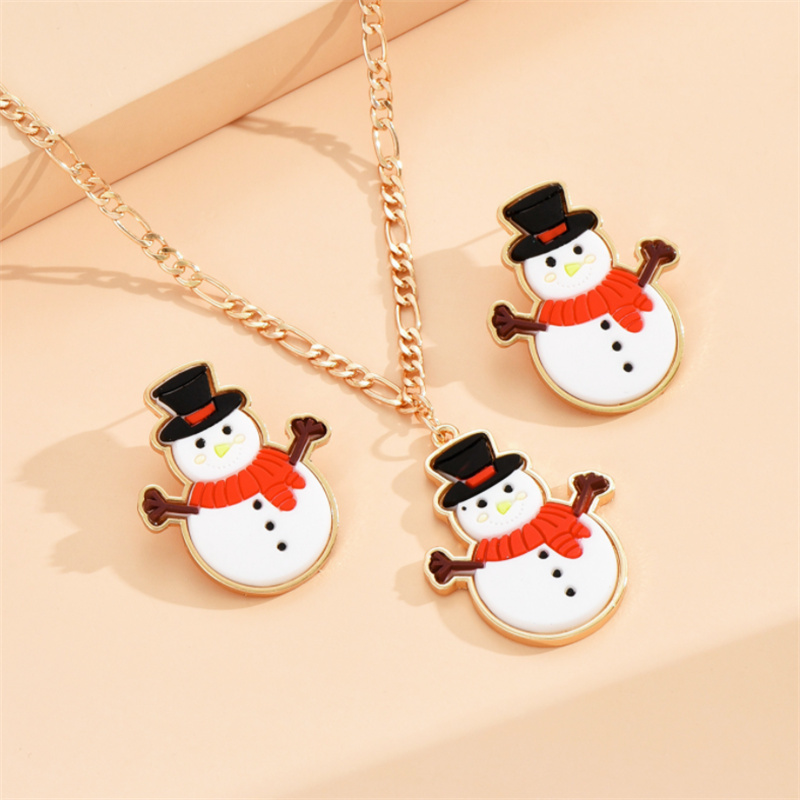 Christmas Jewelry Sets Gold Metal and Rubber Snowman Pendant Necklace Earrings Set