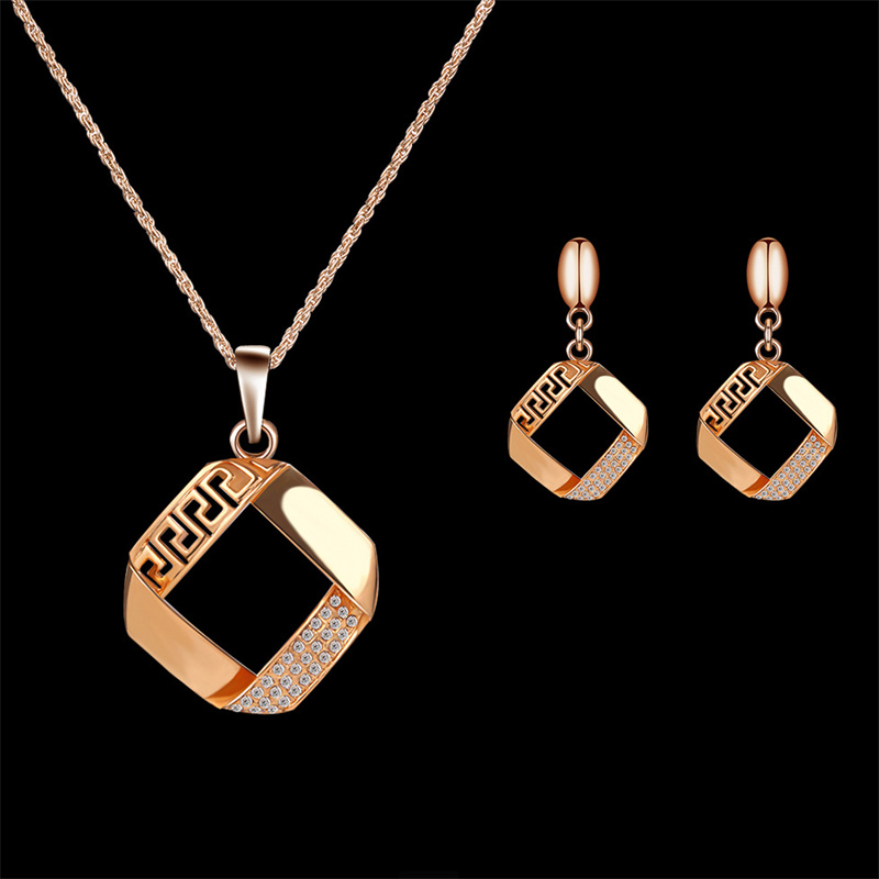 Geometric Square with Rhinestone Necklace and Earrings Jewelry Set
