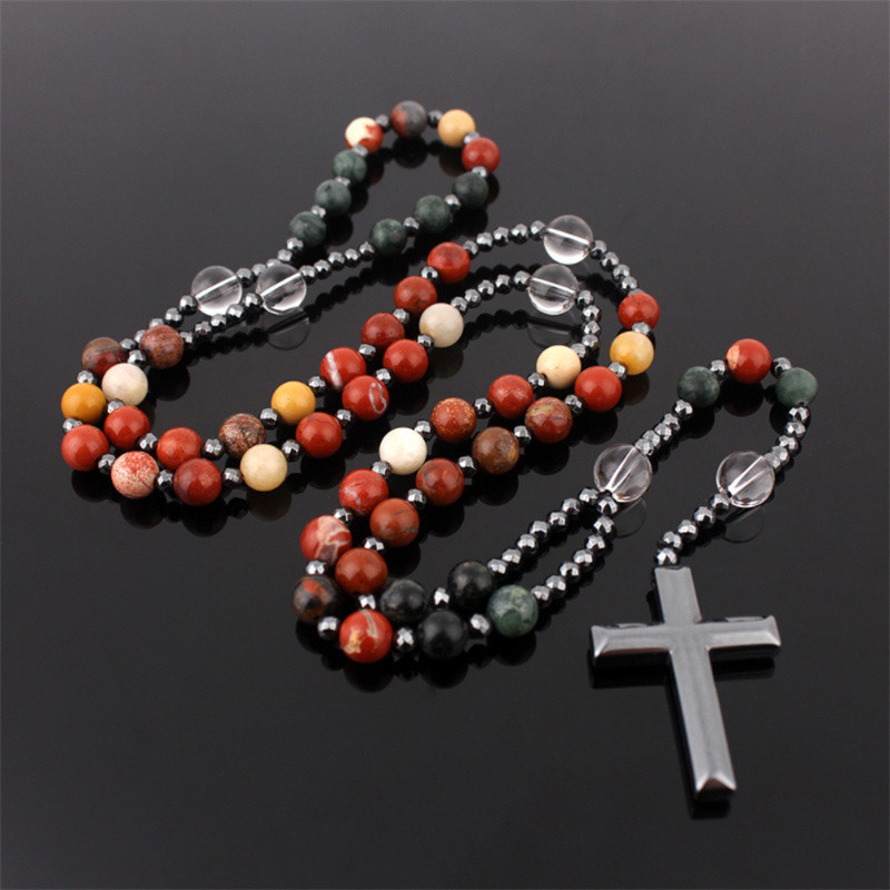 Gemstone Beads Hematite Cross Rosary Neclace