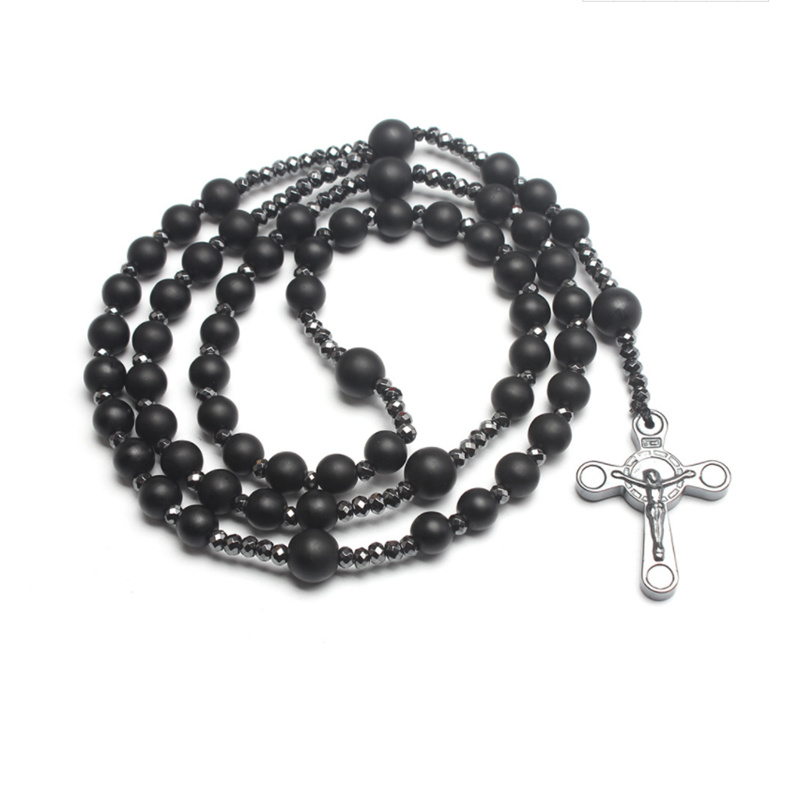 Black Agate Beads Rosary Necklace for Men