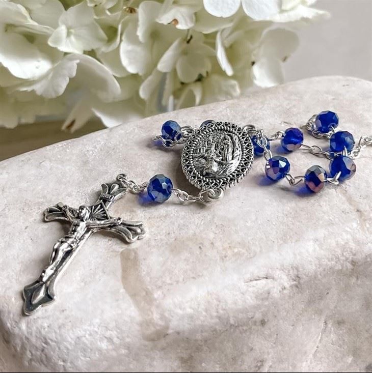 Blue Crystal Lourdes Water Auto Rosary