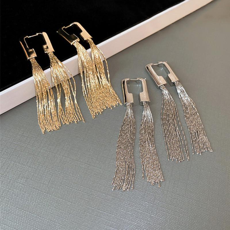 18K Gold/Silver long metal chain tassels earrings