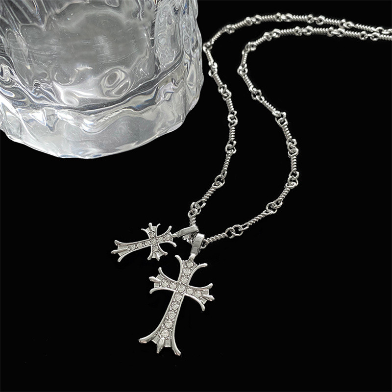  Silver Plated CZ Double Cross Pendant Necklace for Women