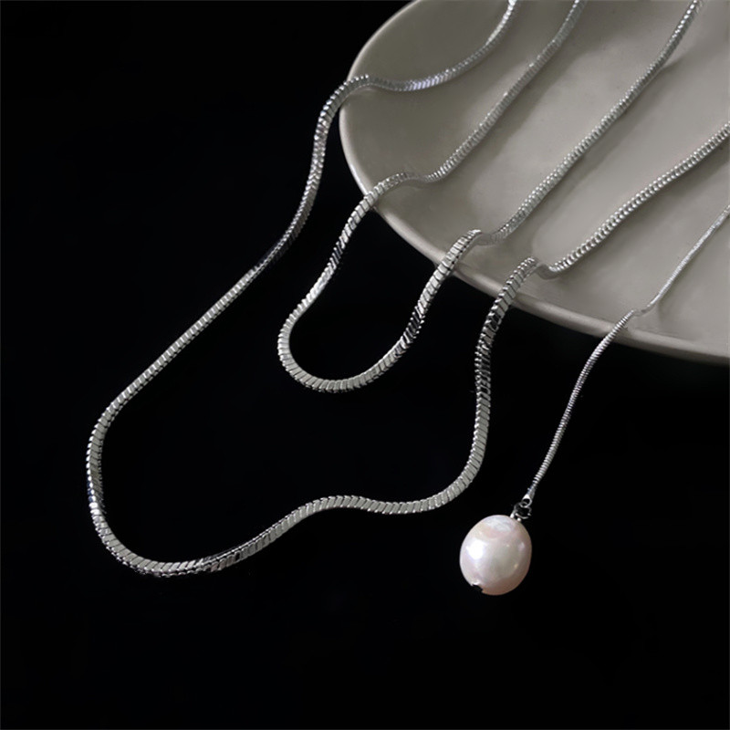 Fold Long Snake Chain Necklace with Freshwater Pearl Pendant Suit Collar Chain
