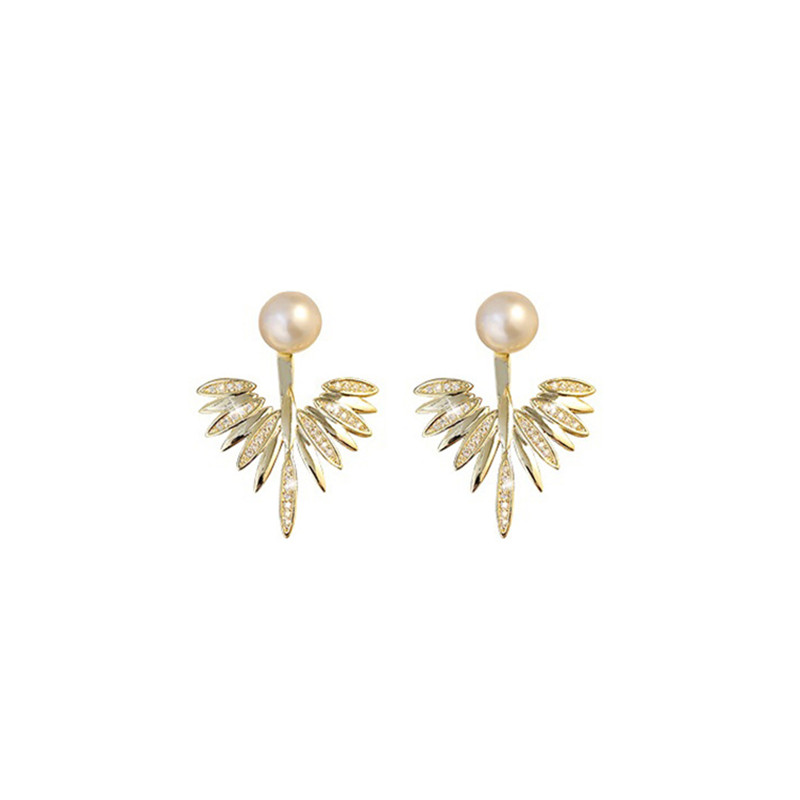 Gold Plated CZ Feather Stud Earring for Women