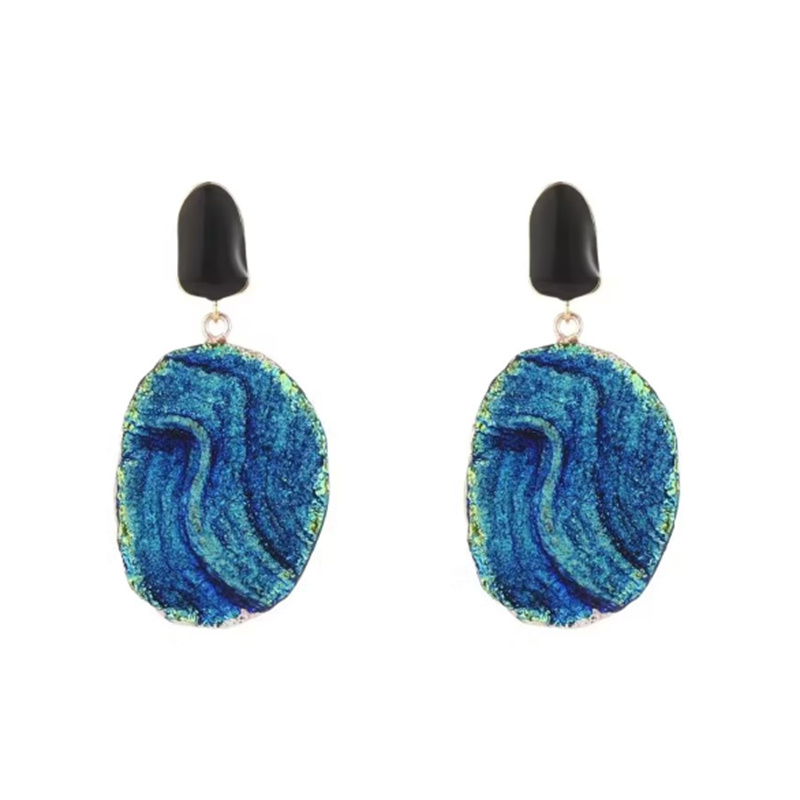 Gold Plated Klein blue Enamel Wave Design Oval Drop Dangle Earrings for women