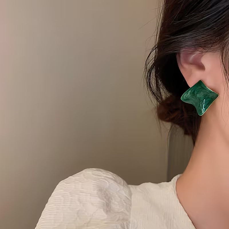 Green Enamel Irregular Geometric Square Stud Earrings in gold tone for women
