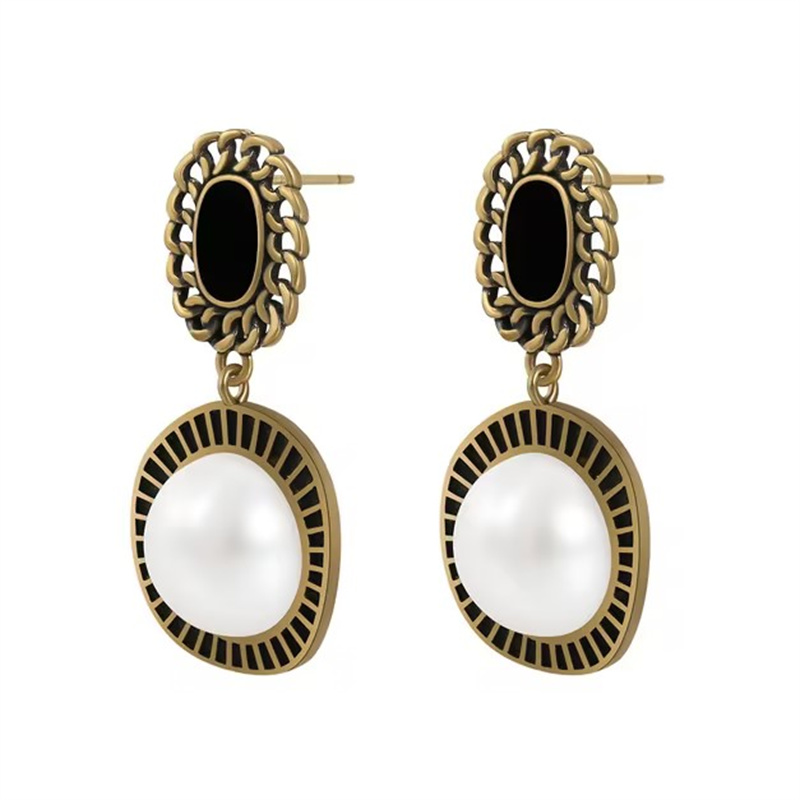 Gold Plated Black Enamel Vintage Pearl Earrings for Women