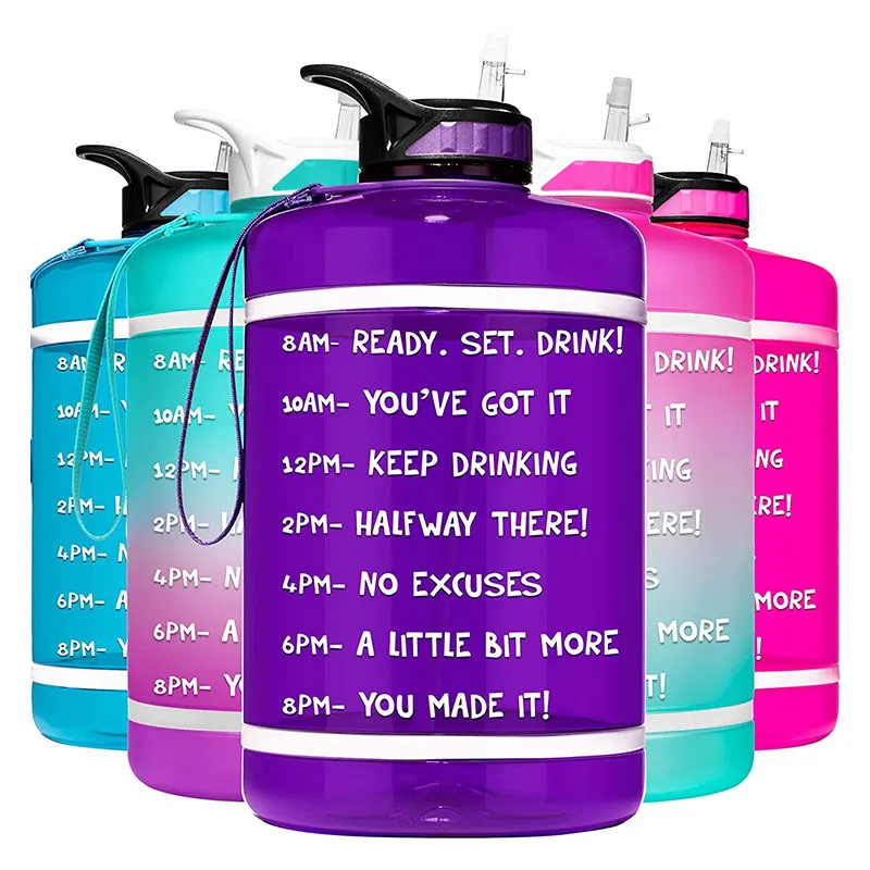 One gallon large capacity drinking portable durable plastic gym sports Time marker fitness bottle P03-0011