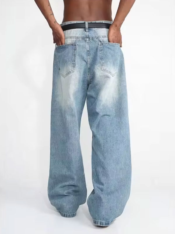 Washed Layered Straight Wide Leg Jeans