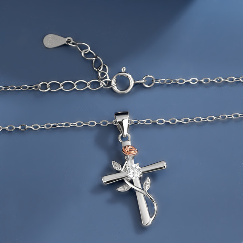 Sterling Silver Rose Cross Pendant Necklaces
