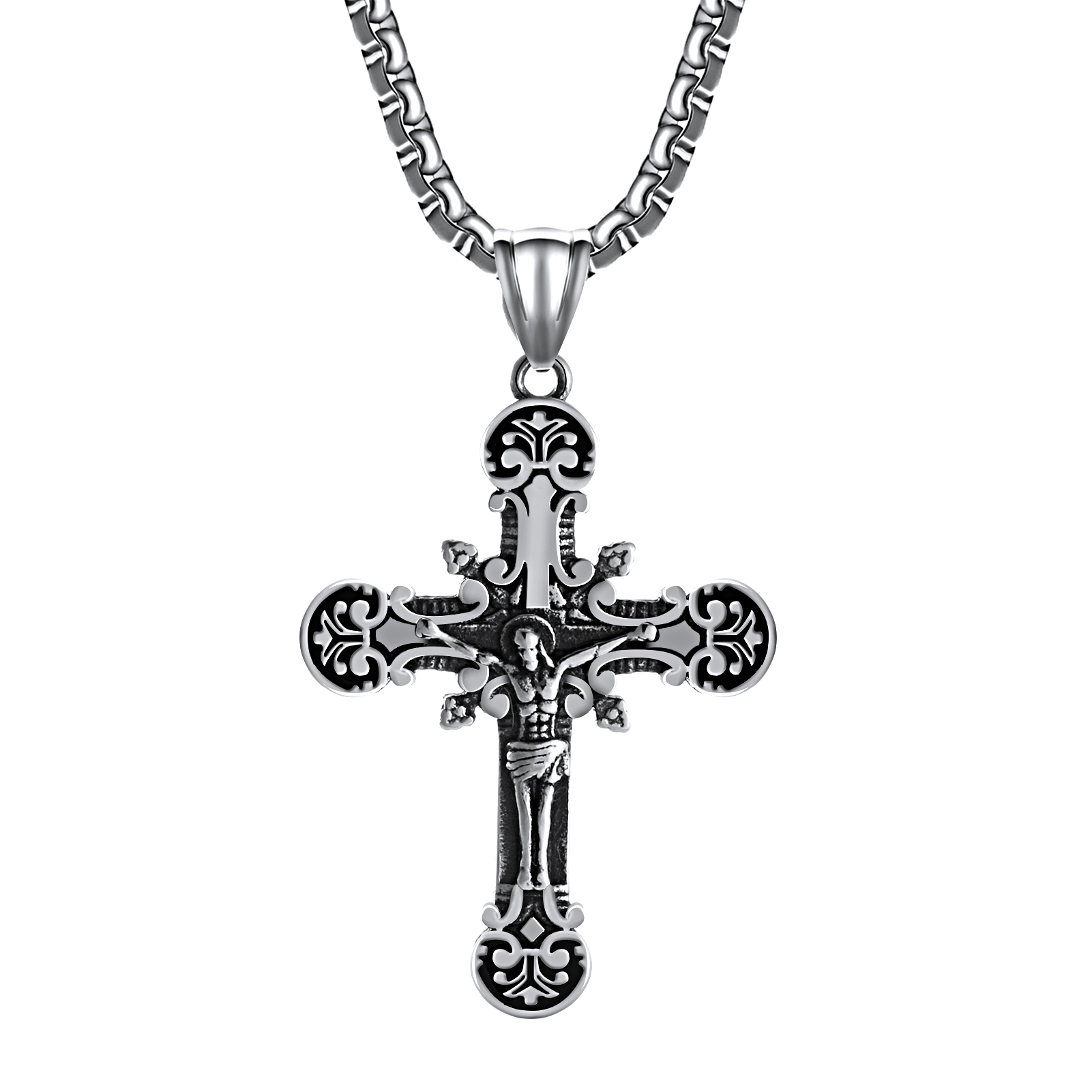 316L Stainless Steel Catholic Carving Pattern Crucifix Jesus Cross Necklace