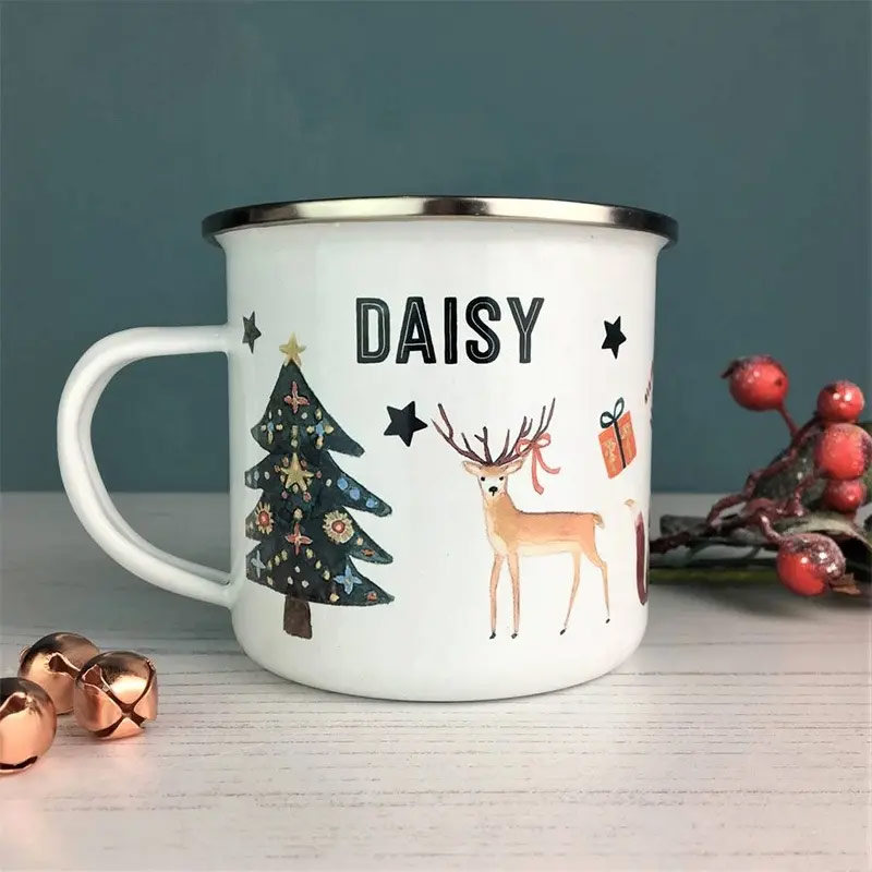 Christmas holiday Custom logo reusable metal steel enamel camping coffee tea cup mug for gift E01-0293 glam camp