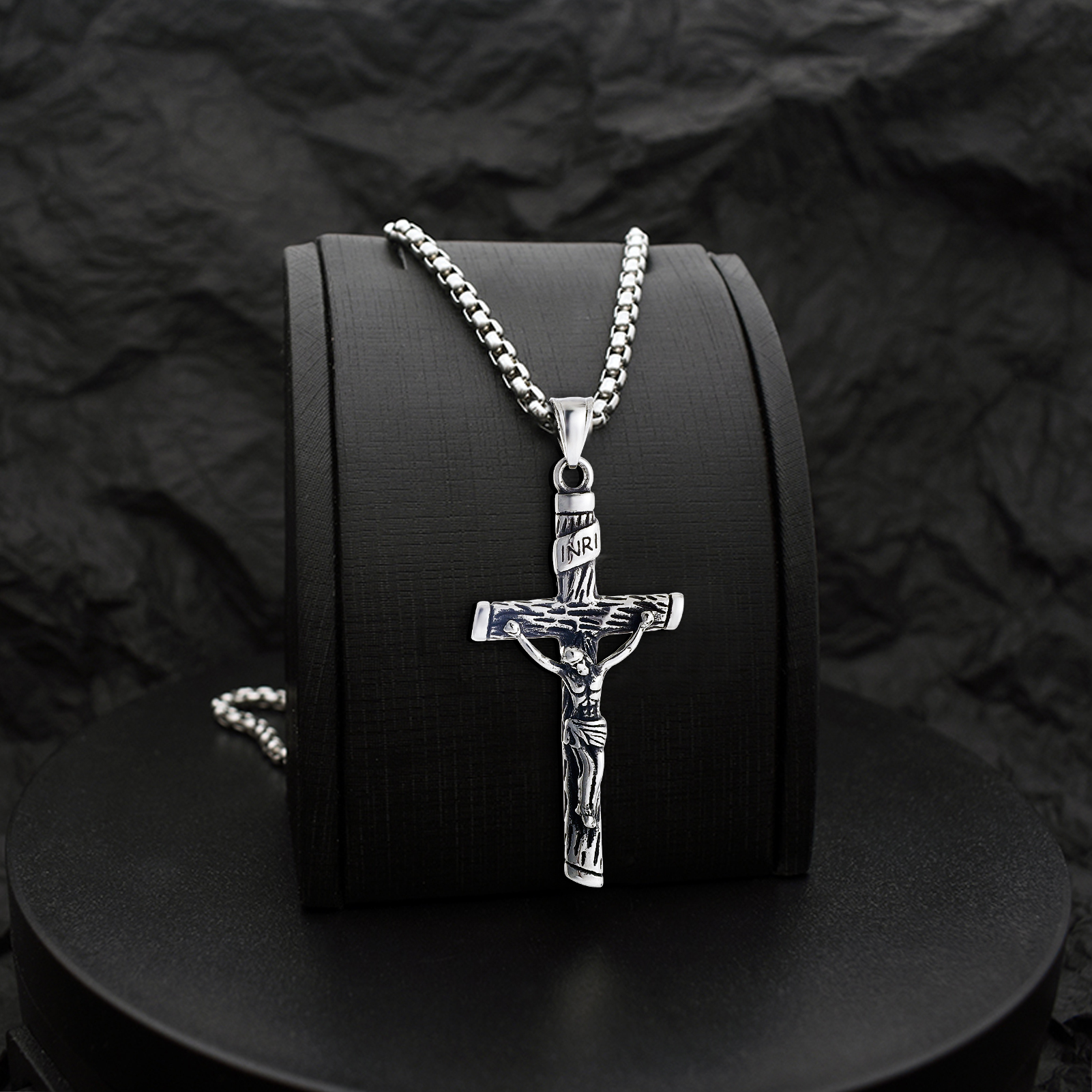 316L Surgical Steel Black Silver Men’s Catholic Cross Necklace