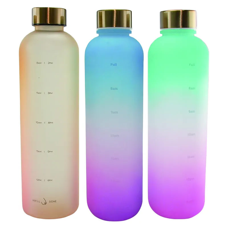 BPA free durable non-toxic 32oz inspirational plastic sports water bottle tritan water bottle with time marker P03-0398 glam camp