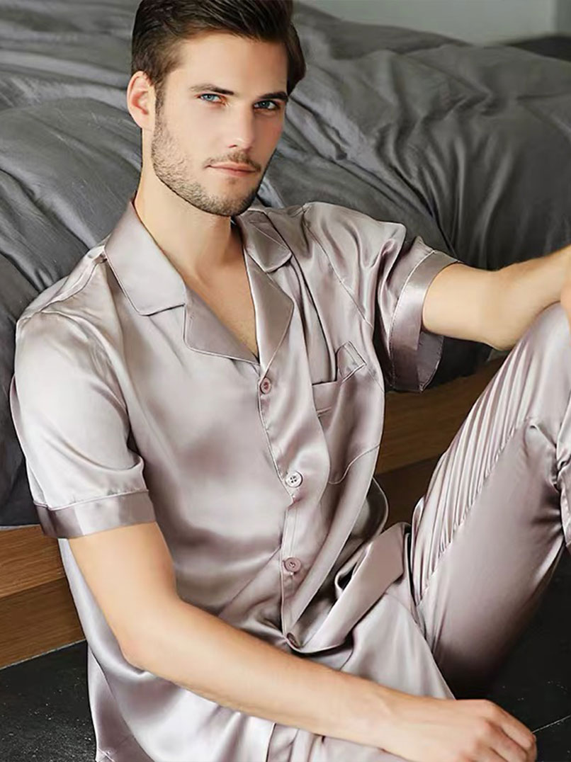 Vendor Men's 2 Piece Pure Silk Pajama Top and Bottoms with Short Sleeves