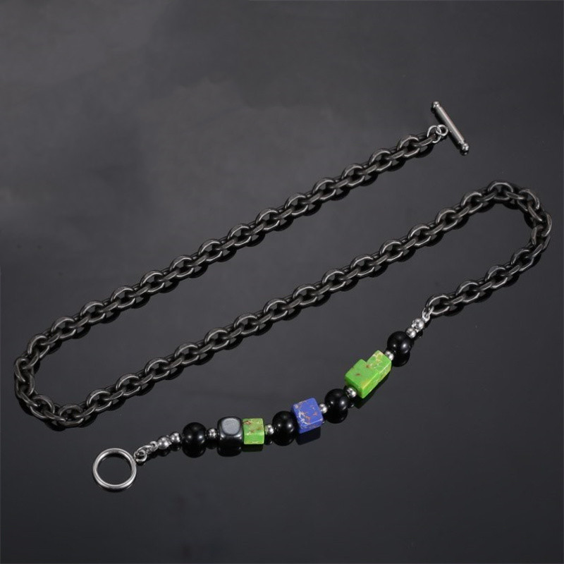 Stainless Steel Chain Link Colored Gemstone Necklace for men women
