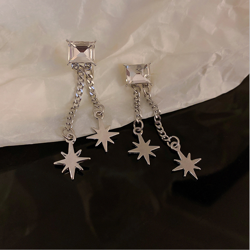 Diamond Stud Dangling Chain and Star Charms Drop Earrings