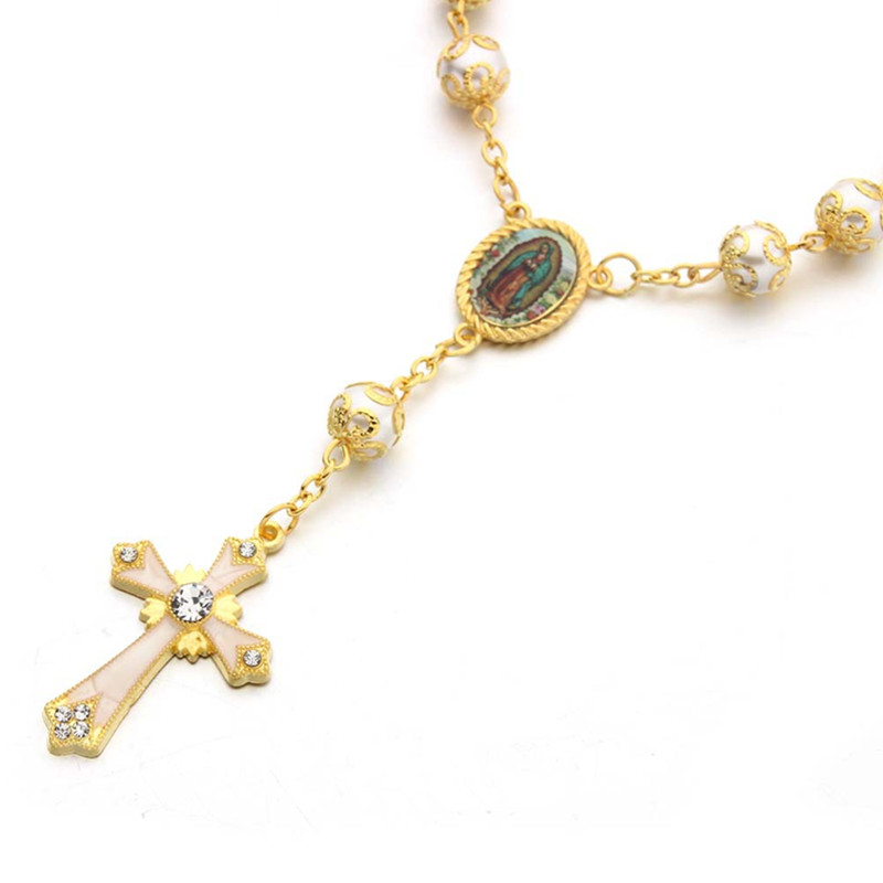 Virgin Mary Medal & Cross Rosary Glass pearl Bracelet