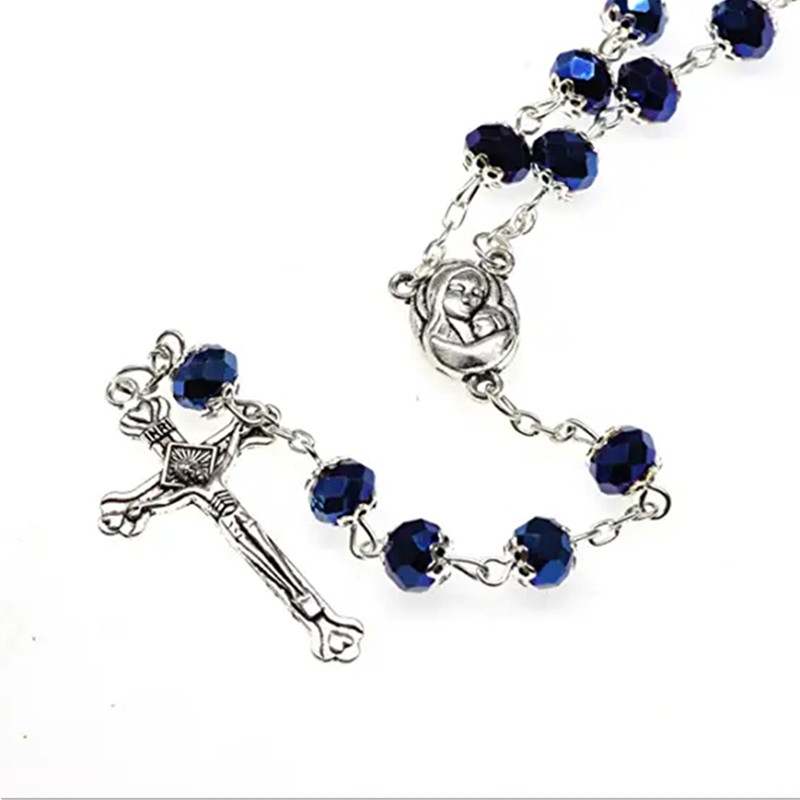 Crystal Rosary Beads Necklace with crucifix and Mary & Holy Soil Medal