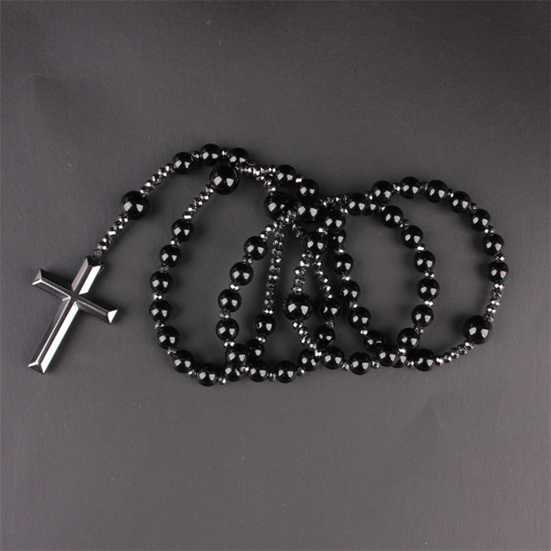 Hematite Beads Rosary Cross Pendant Necklace