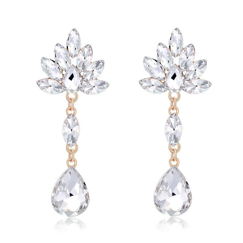 White Crystal Flower Drop Dangle Earrings
