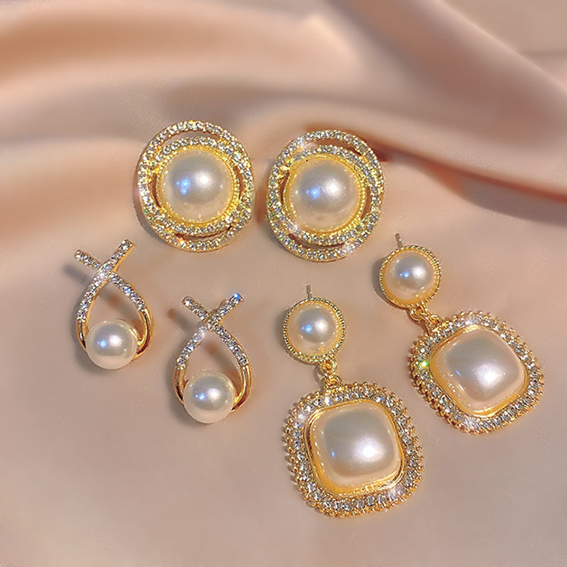Geometric Stud Earrings with Rhinestone Pearl Opal
