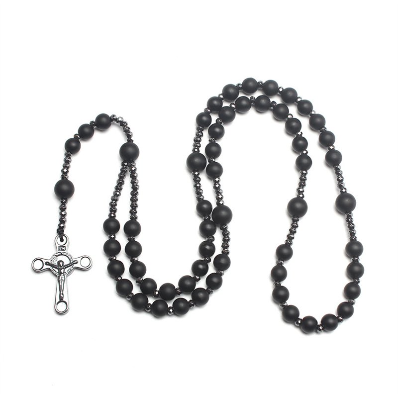 Black Matte Agate Beads Rosary Necklace with Christ Crucifix Cross Pendant