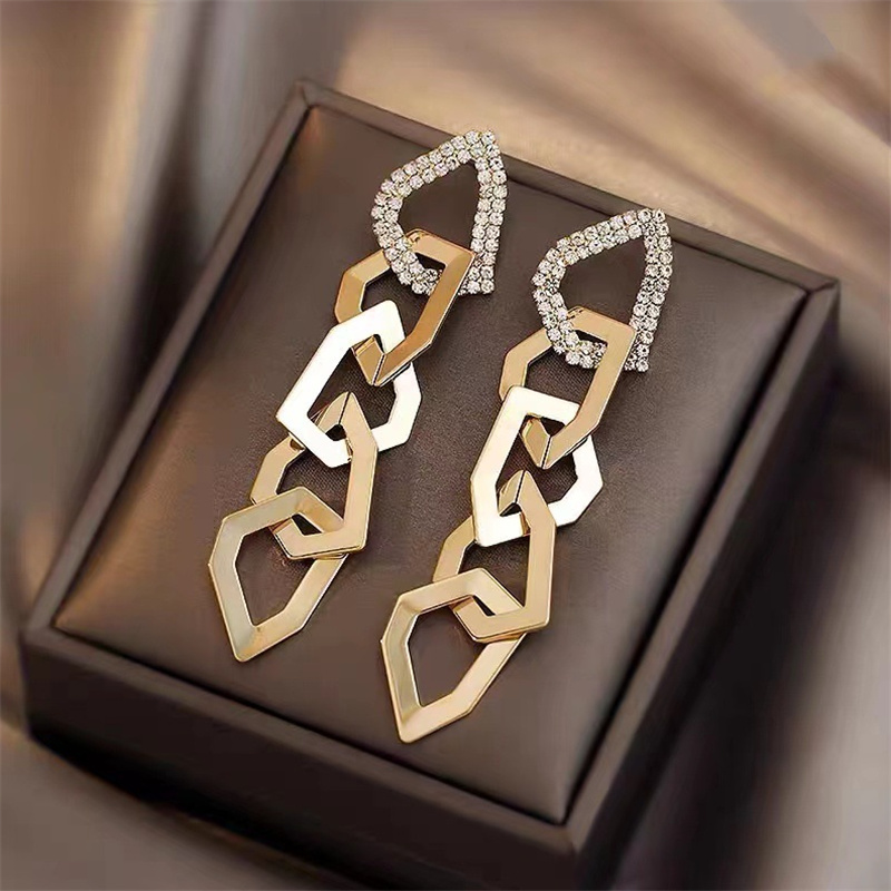 Gold Quintuple linked Irregular Geometric Rings Dangling Earrings 