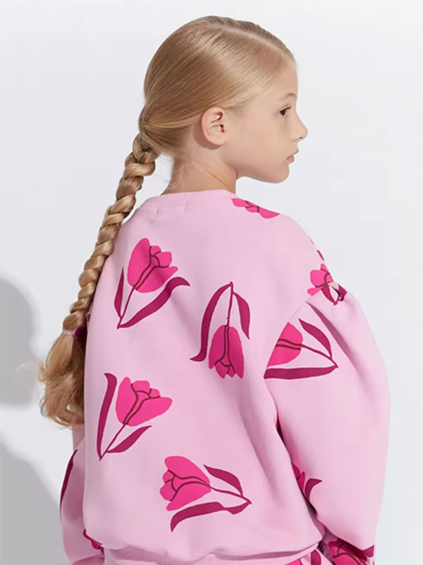 Tulip Print Round Neck Girls Sports Suit