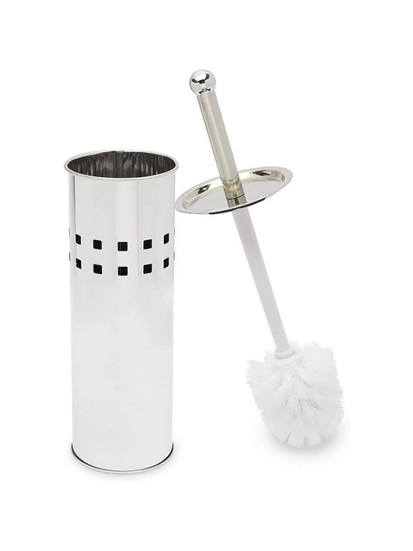 2 Piece stainless steel toilet brush with stand, bathroom accessories, cleaning supplies 3.6 x 14 inches.