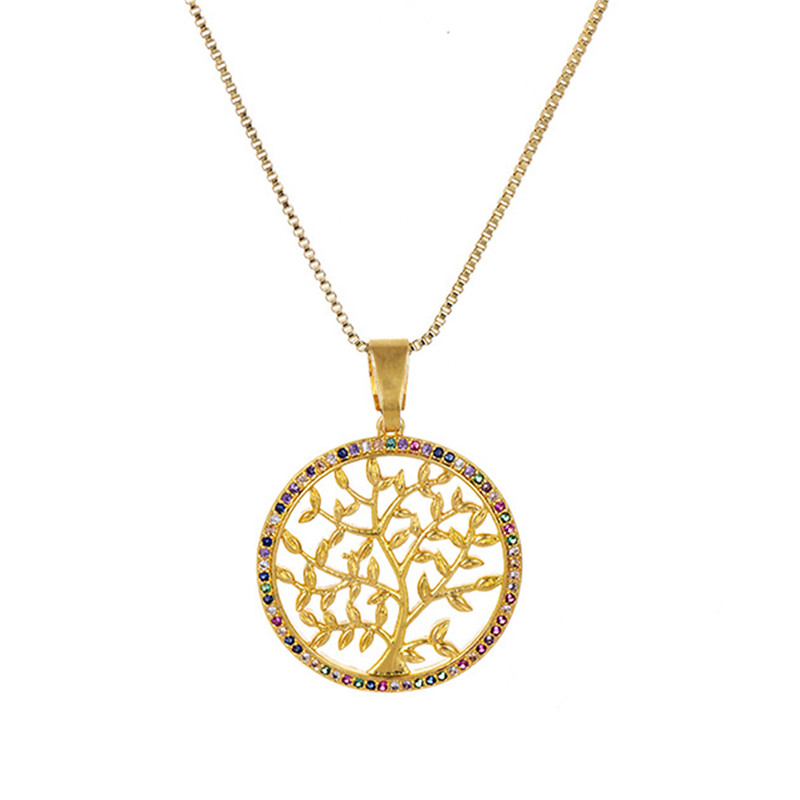 Silver Tree Necklace 18K Gold Plated Cubic Zirconia Round Halo Tree of Life Pendant Necklaces Jewelry