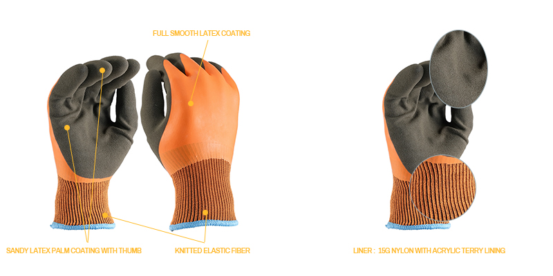 15G nylon gloves | Double latex coated gloves | Acrylic terry lining gloves