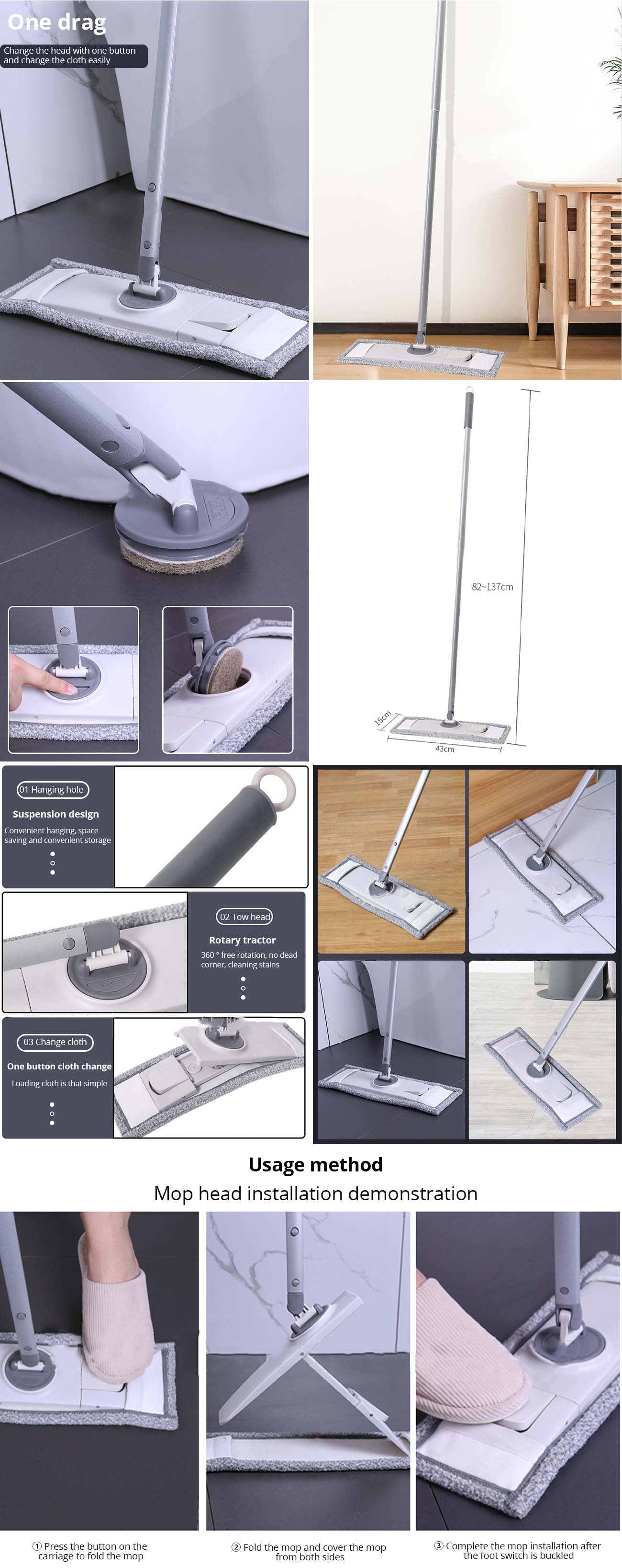 Hand free to increase the mop,Flat Mop,Mop