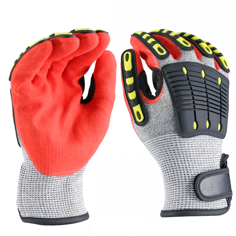 Impact resistant & ANSI CUT 5 glove sandy nitrile palm coated, TPR backing & Velcro cuff