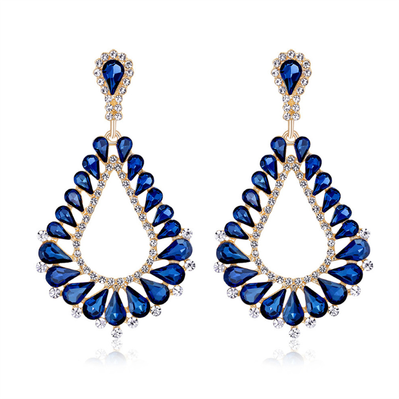 Deep Blue Crystal Drop Danlge Earrings in Gold